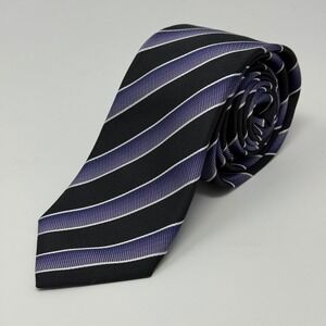 BOSS Hugo Boss Mens Striped Necktie Made‎ in Italy Black Purple White Silk Blend